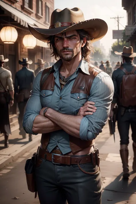 (High quality CG：1.2，Rich in detail，8K，A high resolution)，Red Dead Redemption，cowboys，Messy hair is revealed under the cowboy hat，Cross your arms over your chest，Background bokeh