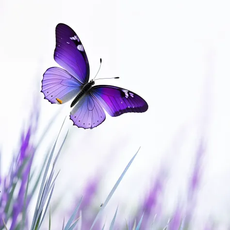 purple butterfly flying over a grassy area with a white sky in the background, butterfly, beautiful photo, harmony of butterfly, beautiful background, purple and blue colored, purple and blue, beautiful nature, white and purple, with beautiful wings, blue ...