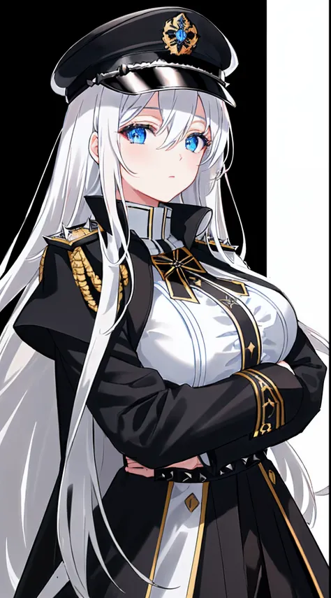 (Light line), master piece, best quality, 1 girl, solo focus, (upper body), big breasts, huge breasts, beautiful between the eyes, (white hair), long hair, Minar, (blue eyes), (bright eyes), (black military uniform), (black cap with spikes), (black trench ...