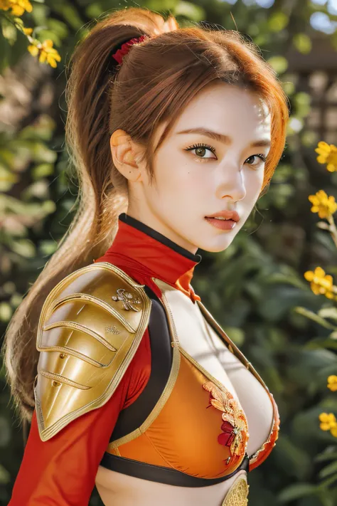 18 year old girl, korean, (8K, best quality:1.2), (masterpiece:1.37), (photo, photorealistic:1.37), (ultrahigh-res), full body, walking pose, shot from front, slow motion, female paladin wearing body armour, (half armour), (golden and red accent armour:1),...