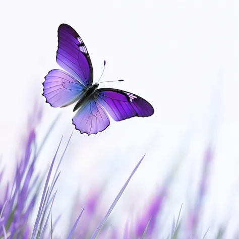 purple butterfly flying over a grassy area with a white sky in the background, butterfly, beautiful photo, harmony of butterfly, beautiful background, purple and blue colored, purple and blue, beautiful nature, white and purple, with beautiful wings, blue ...