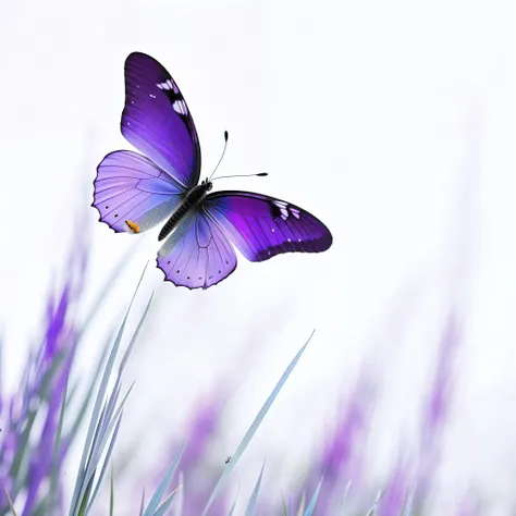 purple butterfly flying over a grassy area with a white sky in the background, butterfly, beautiful photo, harmony of butterfly, beautiful background, purple and blue colored, purple and blue, beautiful nature, white and purple, with beautiful wings, blue ...