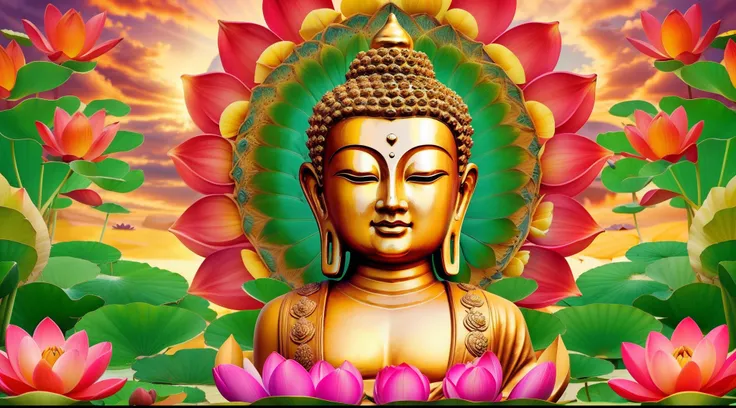 "Generate a realistic depiction of Buddha sitting on a giant lotus flower symmetrical in the colors of the rainbow, It is in the middle of a garden with many flowers and colors, com flores coloridas ao redor e luz suave iluminando seu rosto." High Definiti...