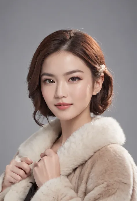 raw photo, masterpiece, Chinese, smile, full_body , simple background, wearing luxury mink coat, bra, pure color background, solo, medium shot, high detail face, looking straight into the camera with shoulders parallel to the frame, photorealistic, best qu...