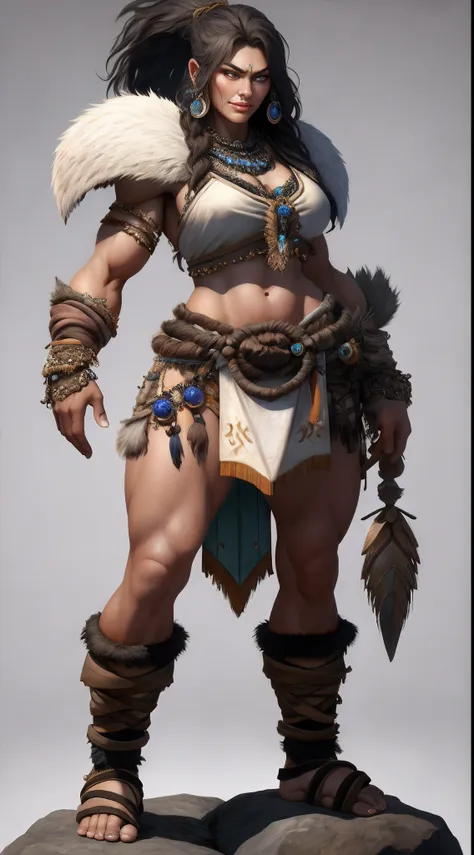 1 beautiful woman、Full body like，Primitive barbarian style，highly details eye、Detailed beautiful face，Full body standing painting，dynamicposes，white backgrounid，tmasterpiece，best qualtiy，Best resolution，8K，