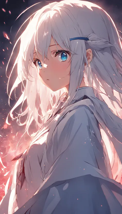 1girl, best quality, priest, stole, white hair, blue eyes, anime style