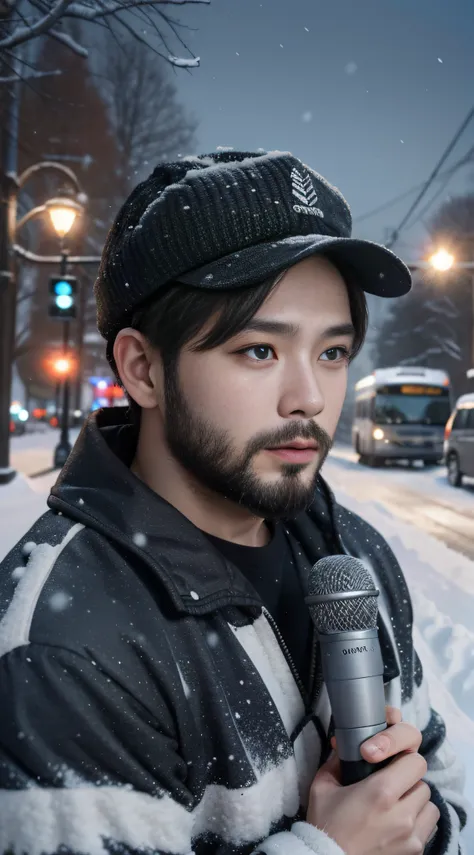 Man singing with microphone in snow in winter，Next to it is a bus，Dao Lang，little beard，Wear a cap，Snowflakes fell in the sky，dreariness，wounds，Tears on his face