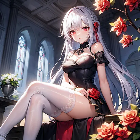 silber hair、red eyes、Beautiful girl alone、Fluffy dresses、off shoulders、Western-style castle、Bright red roses、sitting on、white  panties