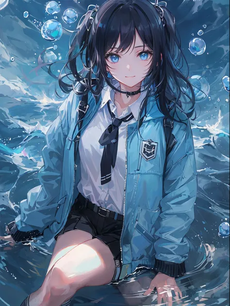 ((top-quality)), ((​masterpiece)), ((ultra-detailliert)), (extremely delicate and beautiful), girl with, 独奏, cold attitude,((Black jacket)),She is very(relax)with  the(Settled down)Looks,A dark-haired, depth of fields,evil smile,Bubble, under the water, Ai...