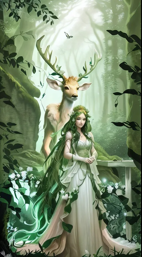 There is a woman in a wedding dress standing next to a deer, goddess of the forest, queen of the forest, Fantasy art style, beautiful fantasy art, fey queen of the summer forest, A beautiful artwork illustration, Realistic fantasy illustration, Beautiful c...