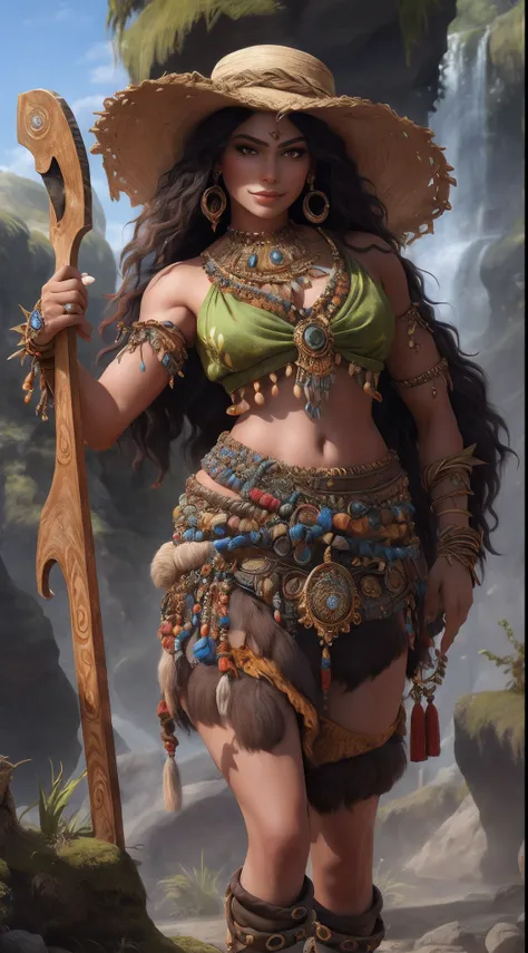 1 beautiful woman、full body like，primitive barbarian style，highly details eye、detailed beautiful face，full body standing paintin...