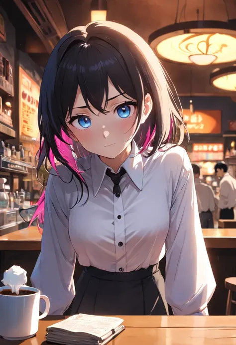 1girl, gawr gura, detailed eyes, coffee shop, portrait, buttons, white shirt, collared shirt, black pants, volumetric lighting, colorful, cute