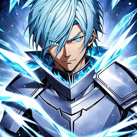 Anime characters with blue hair and blue eyes in snowy scenes, Ice Mage,  Tall anime guy with blue eyes, freezing blue skin, Key anime art, Kazuto Okada。, male anime character, Ice crystal armor, Detailed key anime art, full portrait of magical knight, blu...