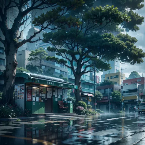 raining, gloomy weather. Japanese bus stop, surrounded by trees and vegetation on one side of the street and modern japanese buildings on the other side. Best quality. No one in sight. Anime. Anime style. lofi. dramatic weather. wide view, wide angle. Next...