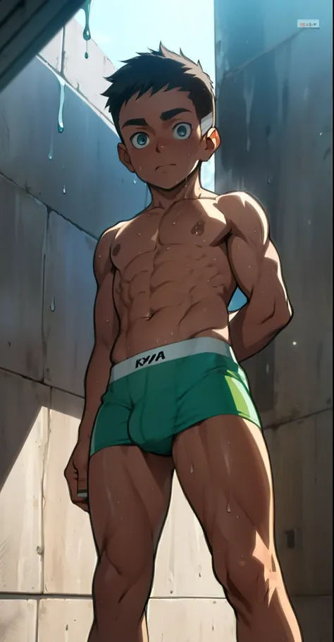 full body, 13 year old boy, cute, cute baby face, solid body, dripping sweat, shiny skin, wearing triangle panties, bulging underwear due to raised genitals  , topless, shirtless (photo corner from below, hands behind your back