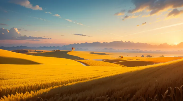 Golden wheat fields，A bountiful harvest is in sight，Endless，The wind blows the wheat waves。