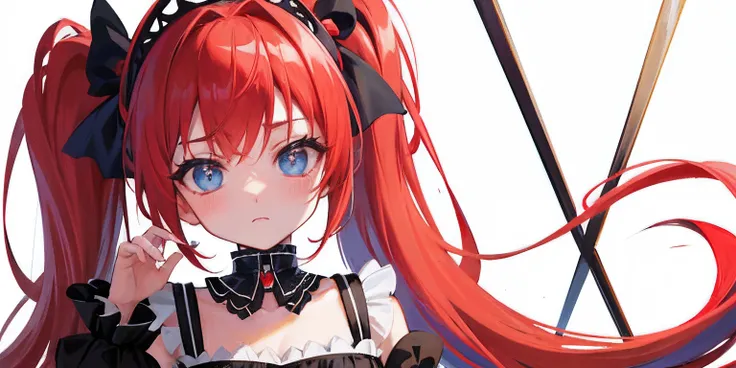 Red hair, Blue eyes, twintails, Goth Lolita, Darkgoth, Collar,Crown tiara,pride,solo,loli,Long hair,{{best quality}}, {{masterpiece}}, {{ultra-detailed}}, {illustration}, {detailed light}, {an extremely delicate and beautiful},little girl,cute,