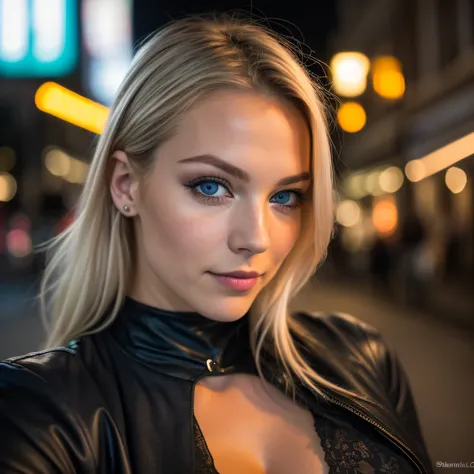 (Selfie, Draufsicht: 1.4), (straight half of the body: 1.4), RAW UHD portrait photo of a 24-year-old blonde (Blue-eyed woman) Eine dunkle Gasse entlanggehen, big boobs,, Stadt bei Nacht, (Rock), (Ausschnitt), Details (Gewebe! , Haar! , Glitzer, Farbe!! , B...