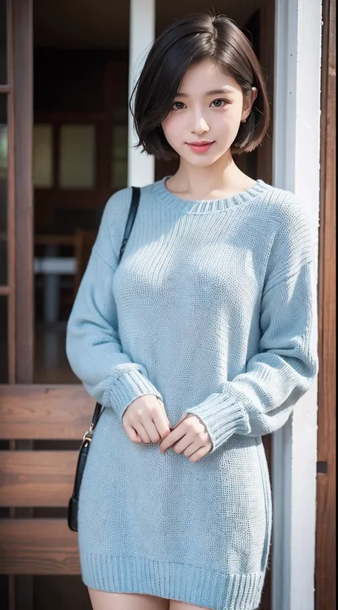 Realistic college girl in kashkur knitted dress、short-hair、