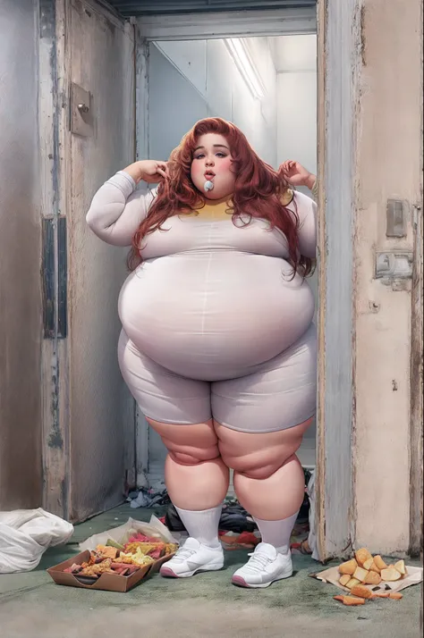 Fat woman, saggy big boobs, saggy belly, eating junk food,tight dress, large ass, 1girl,  fat shoulders, auburn long hair, masterpiece, best quality, shoes, full body, posing for a picture, beautifully color-coded, socks, scrunchbutt leggings white backgro...