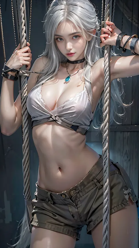 Super beautiful glowing eyes、Girl hanging from the ceiling with her arms tied by a rough rope、perspiring、Ropes tied her body、a wet body、Rough rope that cuts into the crotch、A large amount of fluid flows out of the crotch、Torn bra、Wet white underwear、One le...