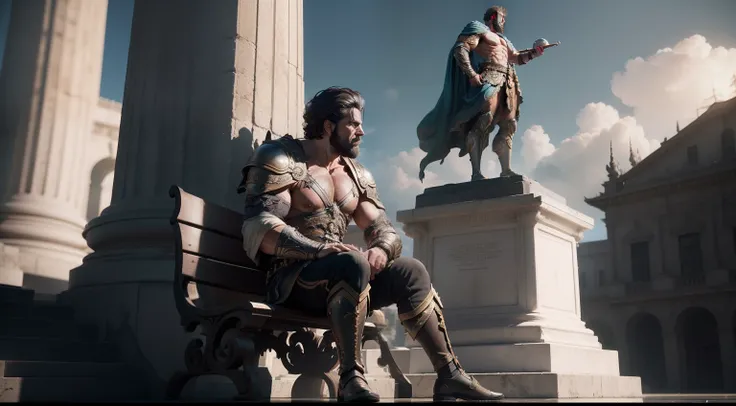 Image of a man sitting on a bench in front of a statue, filme ainda 8K, portrait of demigod hercules, na captura de tela do filme 300, Pose estoica, Retrato VFX altamente detalhado, Zack Snyder Cinematografia Estilo, Film Promotional Material, stoic, post-...