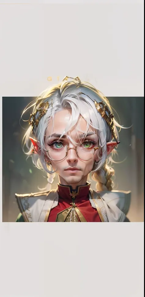 male people，Green wolf tail hair，Tie a small braid，Bangs three or seven points，There is a strand of white hair，The left eye is red，The right eye is green，ears of elf，With single-sided gold wireframe glasses，Wear a magicians robe