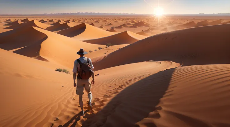 man in the middle of the desert, strong scorching sun, cinematic scene