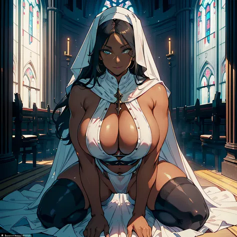 (high resolution, The pixels are perfect, luxurious illustration), (hyper qualit, Masterpiece, Ethereal: 1.4), (((naked tabard))),(((solo:1.4))),(((areola slip:1.4)))， nun,(((kneeling)))，head scarf，(((in  white church)))，((seductive smile))，mature female，B...