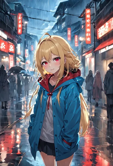 a pregirl, Blonde hair, Red eyes, rain, Looking down, Smile, tears, Blue raincoat, Hood up, Town