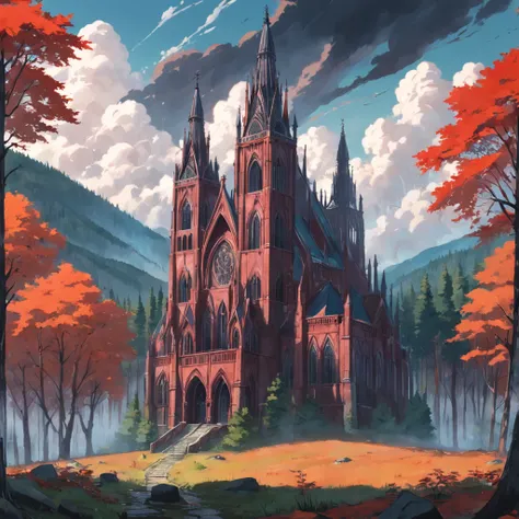 A huge tall Gothic cathedral made of red brick on a high hill in a coniferous forest, Hilly terrain, kali, flows next to the cathedral, Large cloudiness, Fog in the lowlands above the river, jour, high picture quality, High-definition image, max detail.