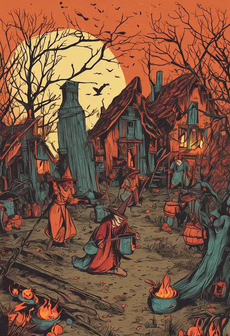 a witch hunt in Europe, villagers, fire, colorful painting, cruel, full moon