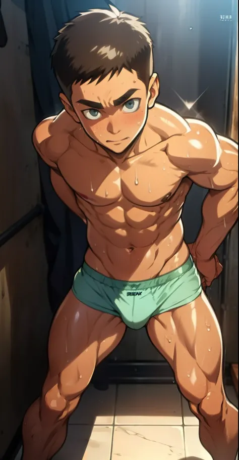 full body, 13 year old boy, cute baby face, solid body, dripping sweat, shiny skin, wearing triangle panties, bulging underwear due to raised genitals, topless,  shirtless, hands behind back (photo corner from bottom up)