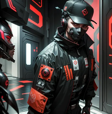 Um homem com traje futurista estilo cyberpunk,  traje vermelho e preto, with futuristic style baiseball cap,  autoretrato realista altamente detalhada, em fundo raios estilo abstrato,  em cores vivas, cores vibrantes