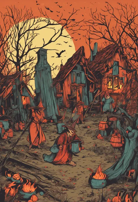 a witch hunt in Europe, villagers, fire, colorful painting, cruel, full moon