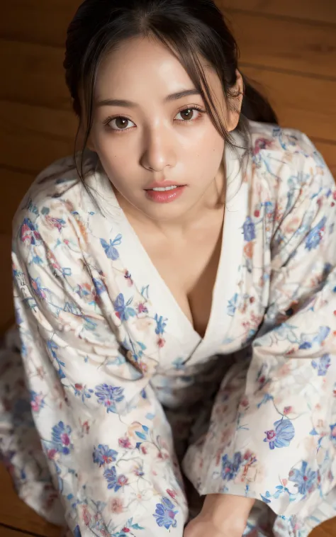 ((of the highest quality, 8K, masutepiece: 1.3)), Beauty, 1 Japan Girl, Big: 1.3, dark brown hair, (Open legs: 1.2), detailed face, very detailed lips, Detailed eyes, Double eyelids, open yukata, Sweaty skin: 1.2, ((from above: 1.5)), sexy