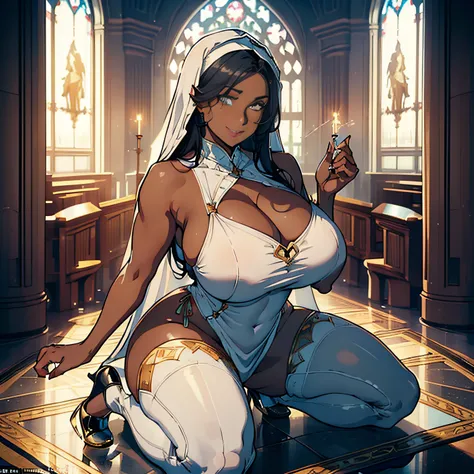 (high resolution, The pixels are perfect, luxurious illustration), (hyper qualit, Masterpiece, Ethereal: 1.4), (((naked tabard))),(((solo:1.4))),(((areola slip:1.4)))， nun,(((kneeling)))，head scarf，(((in  white church)))，((seductive smile))，mature female，B...