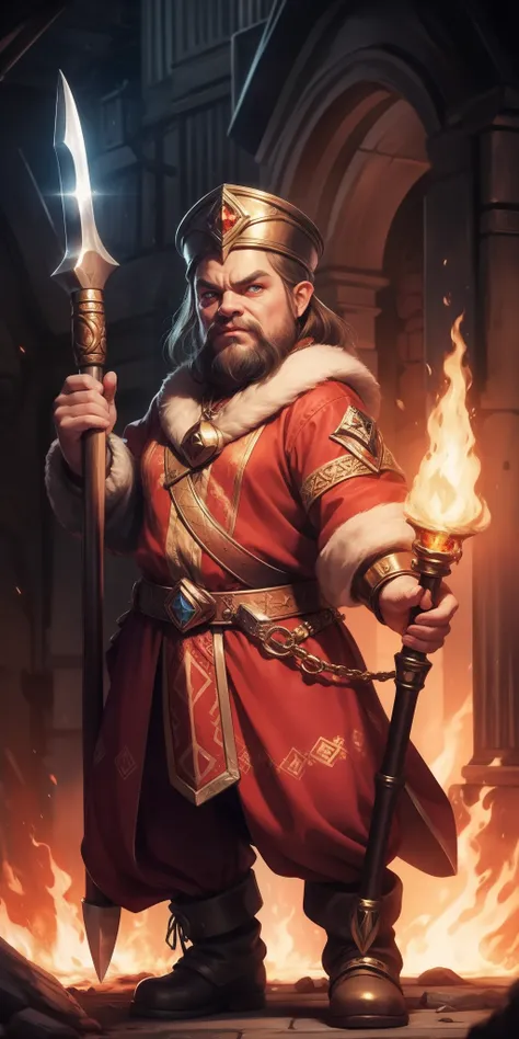 a dwarf with fiery eyes, with a huge magic hammer, metallic skin