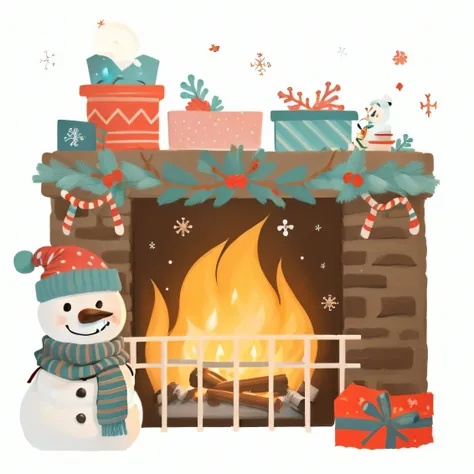 A cartoon snowman standing by the fireplace，illustration, cute illustration, Cozy fireplace,  Warm fireplace, illustratio,  colorful illustrations, in front of a fireplace, full-colour illustration, Digital illustration, Color illustration, fireplace,