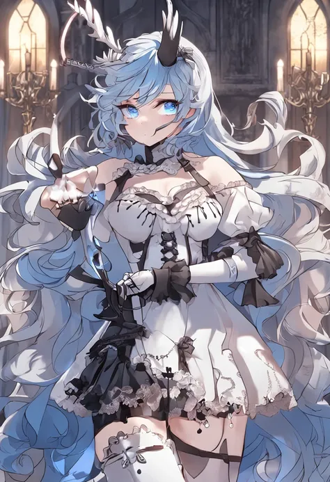 dusk, blue eyes, boots, cane, angel, wavy hair, slit pupils, gothic_lolita, demon horns, dusk, miko, blue eyes, boots, cane