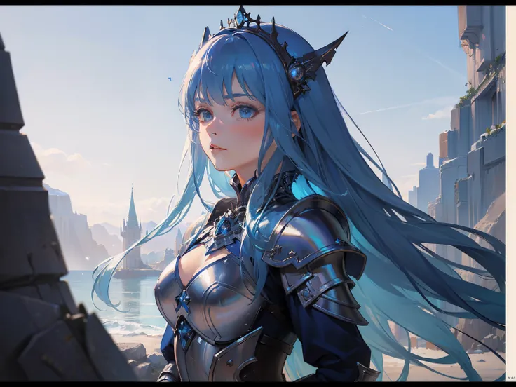 (masterpiece:1.2, best quality), (artwork:1.2), (beautifull detailed face:1.3), 1girl in, Stars, (long blue hair with bangs), Close-up of woman in silver and blue dress, detailed fantasy art, character art, Beautiful armor, Armored Lady