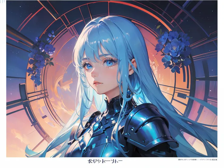 (masterpiece:1.2, best quality), (artwork:1.2), (beautifull detailed face:1.3), 1girl in, Stars, (long blue hair with bangs), Close-up of woman in silver and blue dress, detailed fantasy art, character art, Beautiful armor, Armored Lady