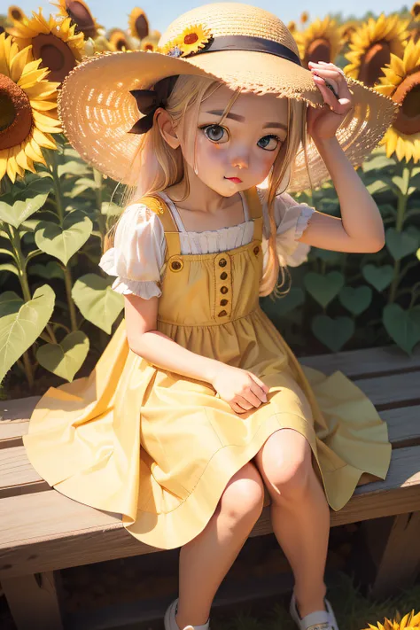 A Q version of a little girl，3D painting style，The sun shines on the face，The light and shadow are obvious，Side head，Smell the sunflowers，golden hair，Pale yellow long dress with white shirt，white stockings，Small leather shoes，A straw hat is worn on his hea...