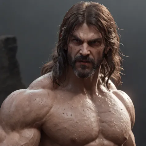 (professional 3d render:1.3) af (Realistic:1.3) most beautiful artwork photo in the world，Features soft and shiny male heroes, ((Epic hero fantasy muscle man rough wet hero angry look long hair short beard and ferocious expression in dynamic pose, Fantasti...