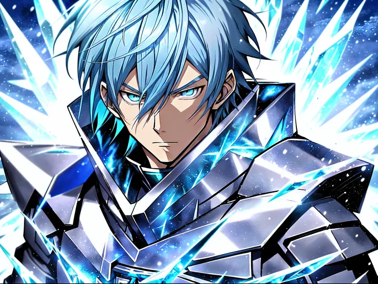 Anime characters with blue hair and blue eyes in snowy scenes, Ice Mage,  Tall anime guy with blue eyes, freezing blue skin, Key anime art, Kazuto Okada。, male anime character, Ice crystal armor, Detailed key anime art, full portrait of magical knight, blu...