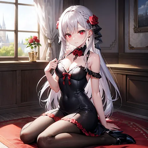 silber hair、red eyes、Beautiful girl alone、Fluffy dresses、off shoulders、Western-style castle、Bright red roses、sitting on、Black tights