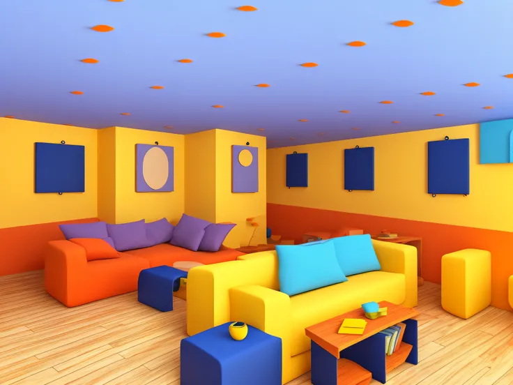 Make a "Flat In 3D" style background with this image. Reveal the perfection of the image. Cores alaranjando, amarelo, azul e uva. Putting several pictures on the wall and some people seeing the pictures and laughing.