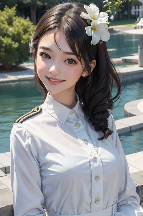 A beautiful girl，A sweet smile，（Face details：1.6），Wearing a white navy uniform，fresh flowers，lakes，parks