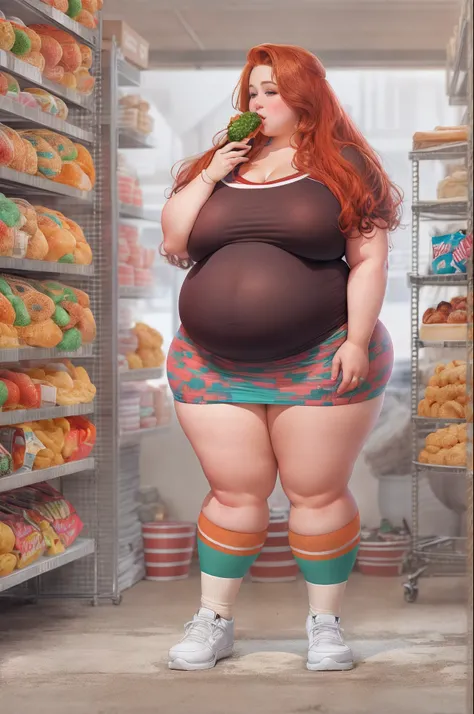 Fat woman, saggy big boobs, saggy belly, eating junk food,tight dress, large ass, 1girl,  fat shoulders, auburn long hair, masterpiece, best quality, shoes, full body, posing for a picture, beautifully color-coded, socks, scrunchbutt leggings white backgro...