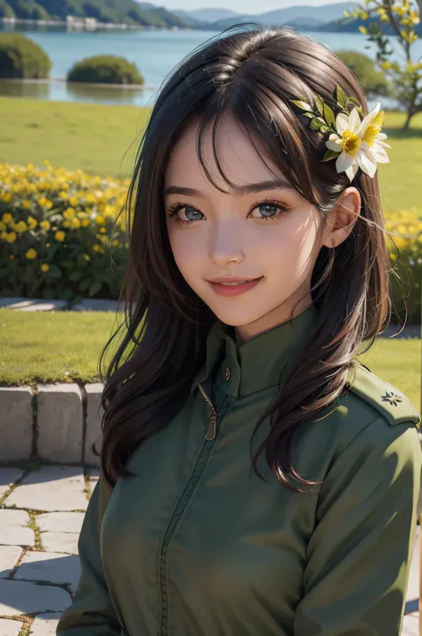 A beautiful girl，A sweet smile，（Face details：1.6），Wearing a green military uniform，fresh flowers，lakes，parks